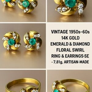 Artisan Made 14K Emerald & Diamond Floral Swirl Ring & Earrings Set, Vintage